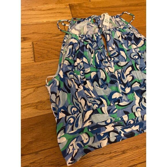 NWT Japna Womens Sleeveless abstract print blue cropped pleated Halter Top Large - Picture 2 of 7